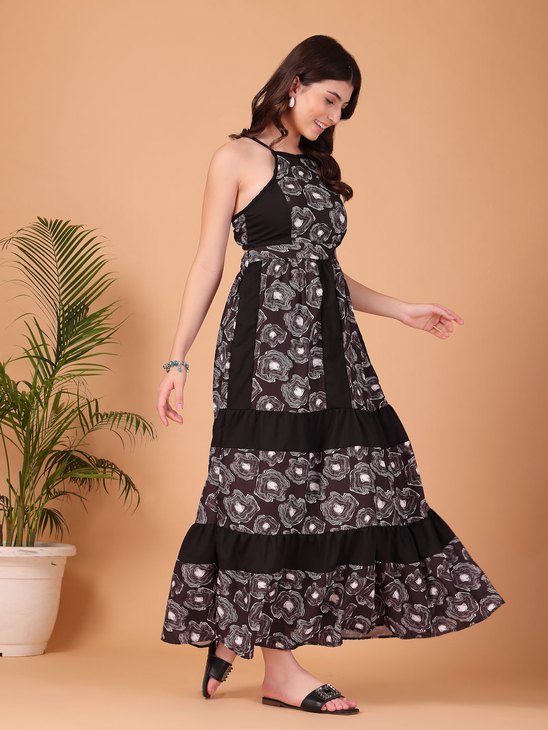 Black Floral printed Double Georgette Maxi Dress