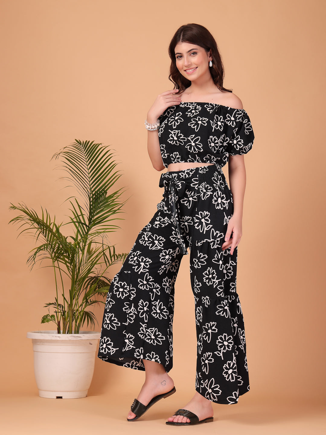 Black Floral Printed Double-Georgette Co-ord Set