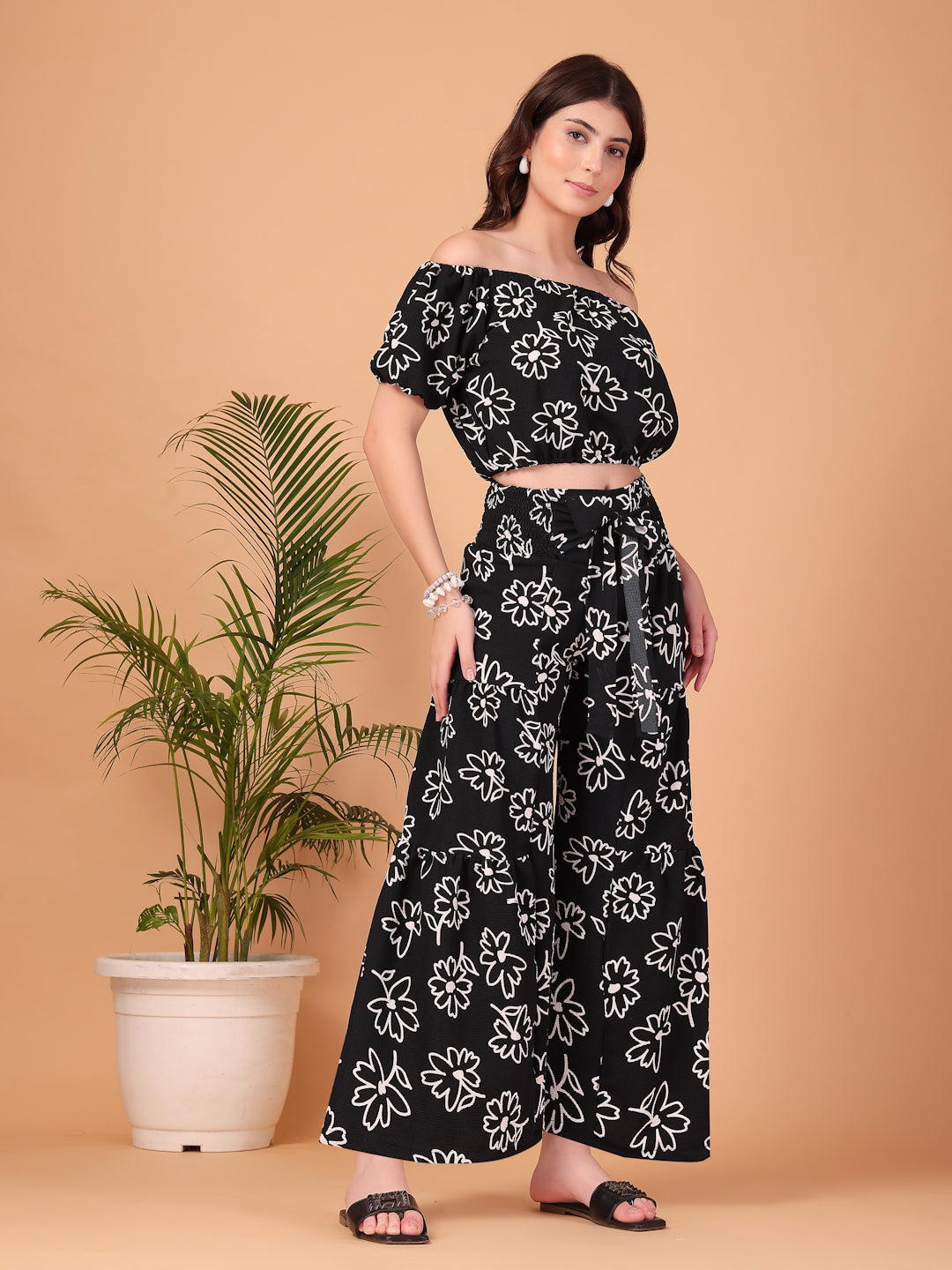 Black Floral Printed Double-Georgette Co-ord Set