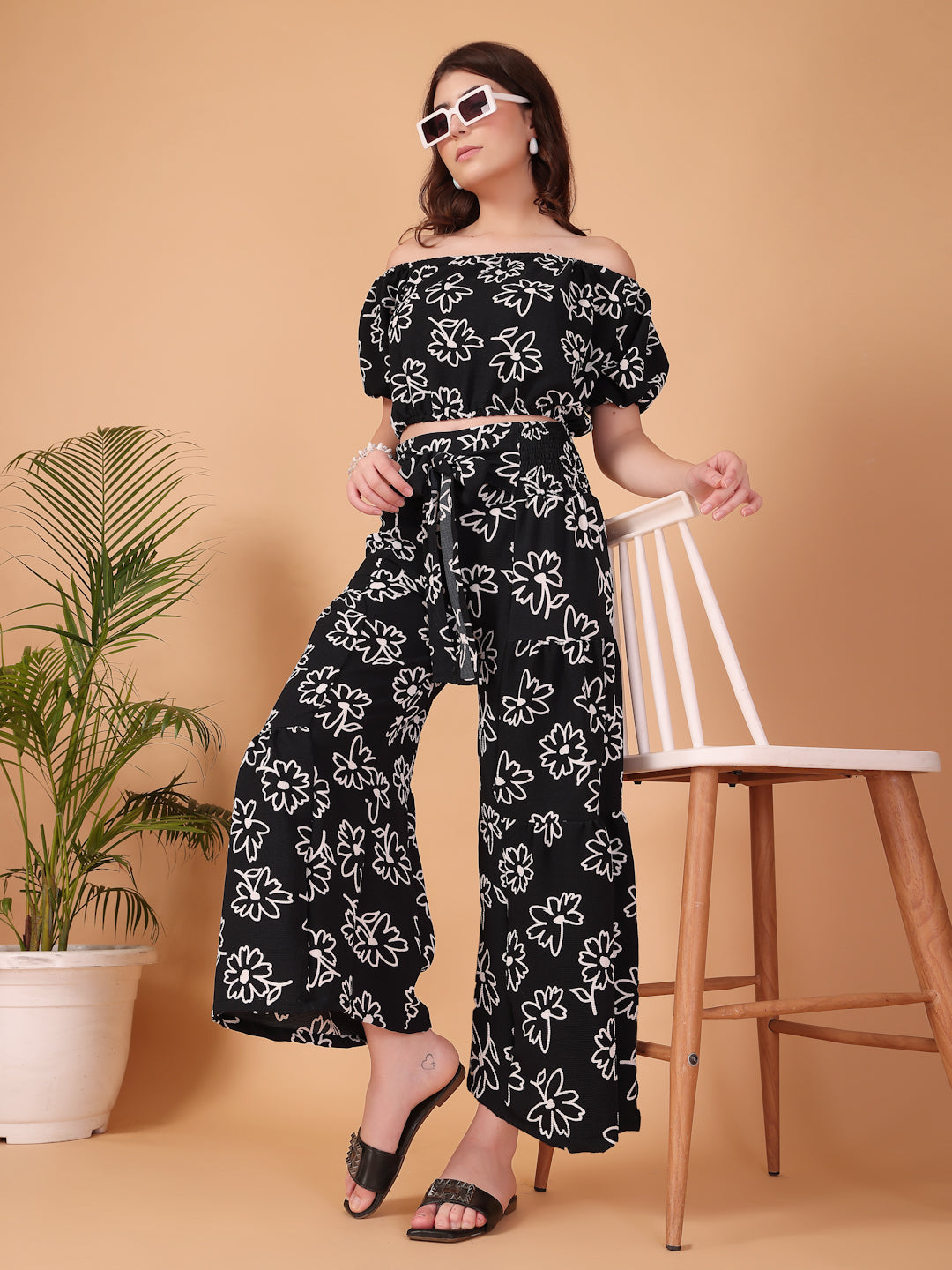 Black Floral Printed Double-Georgette Co-ord Set