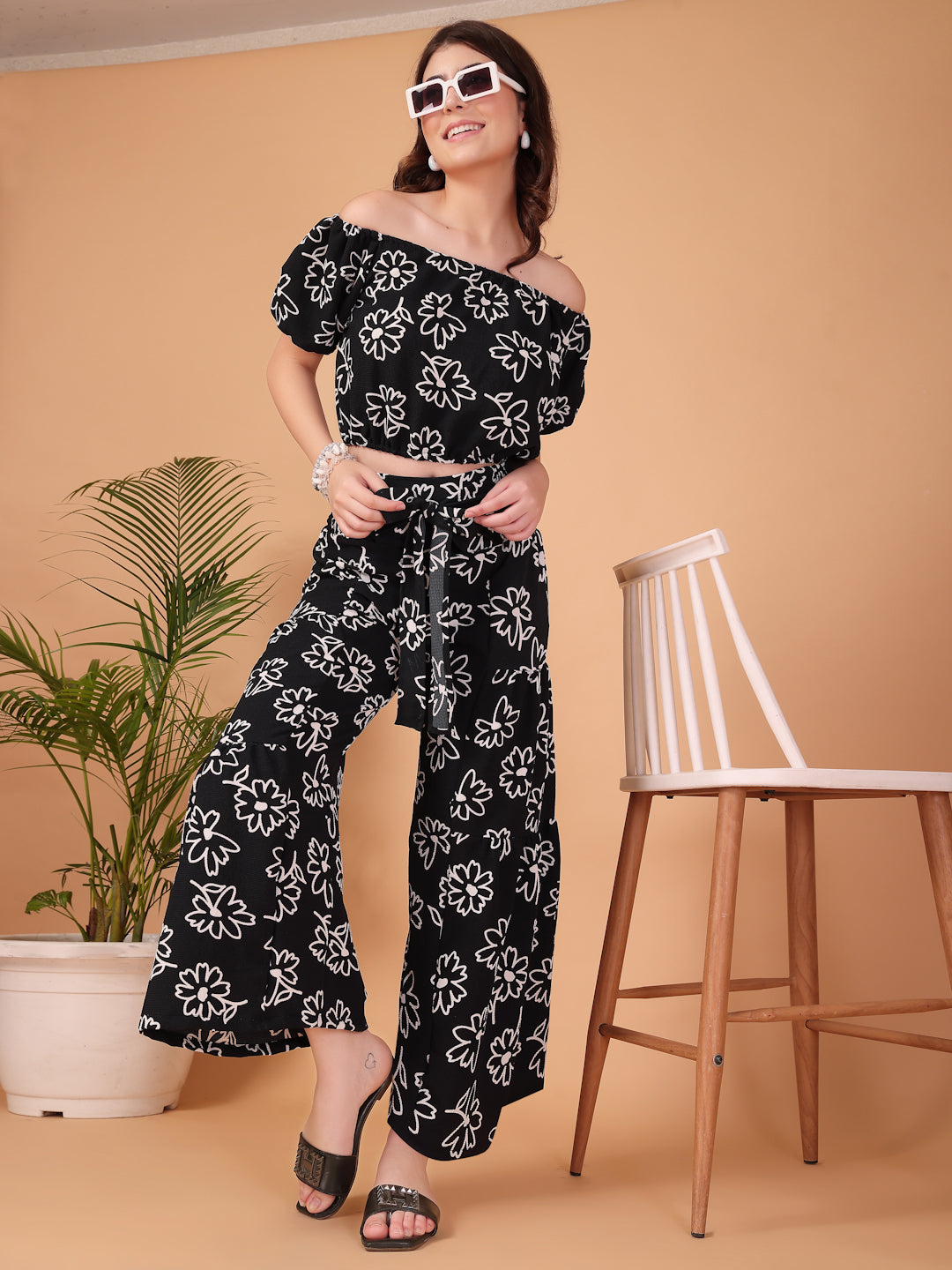Black Floral Printed Double-Georgette Co-ord Set