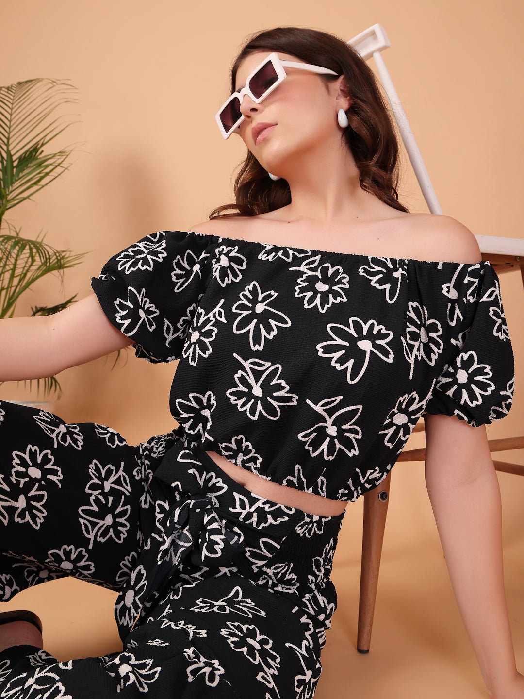 Black Floral Printed Double-Georgette Co-ord Set