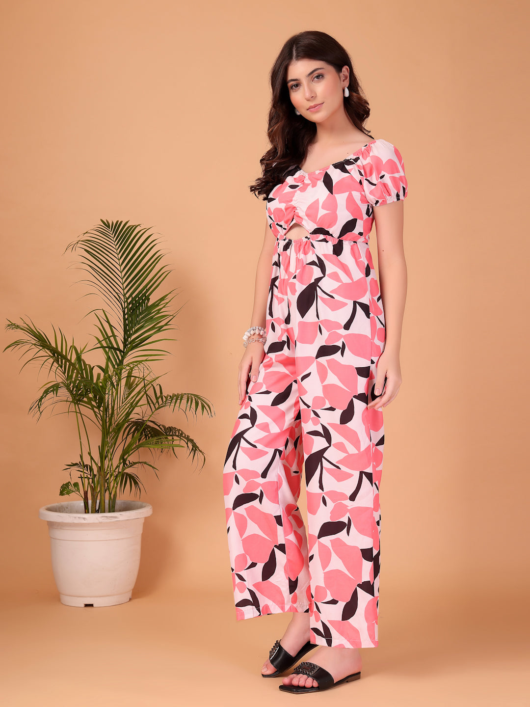 Peach Floral Printed Double Georgette Jumpsuit