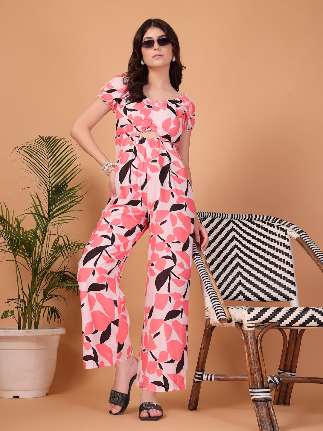 Peach Floral Printed Double Georgette Jumpsuit