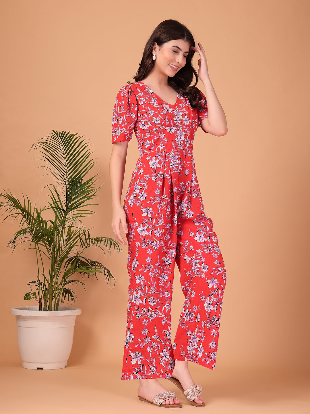 Red Floral printed Double Georgette Jumpsuit
