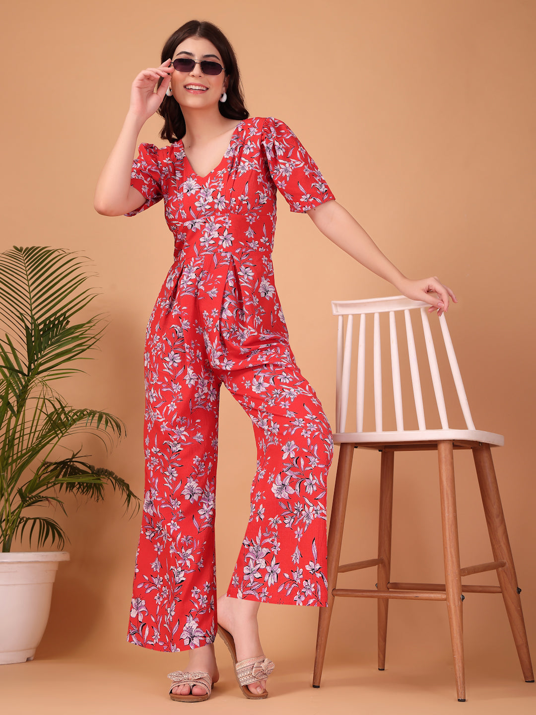 Red Floral printed Double Georgette Jumpsuit