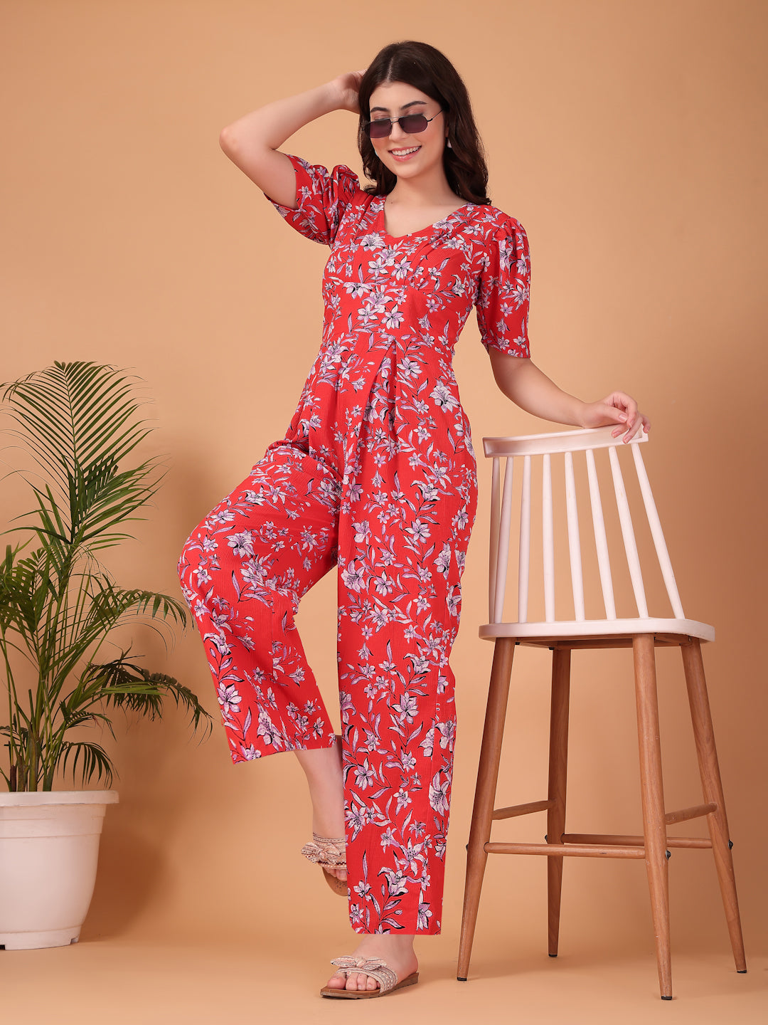 Red Floral printed Double Georgette Jumpsuit