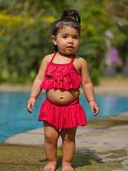 CUKOO Girls Solid Red Ruffled 2 PC Kids Swimsuit set Girl