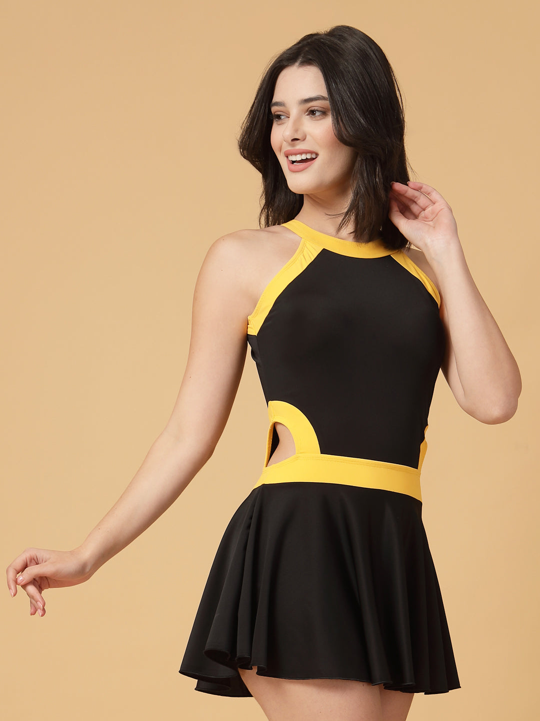 CUKOO Padded Black with Yellow Border Skirted Swimwear