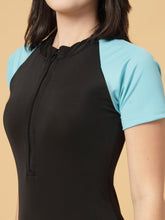 CUKOO Padded Black & Aqua Short-Sleeve Swimsuit