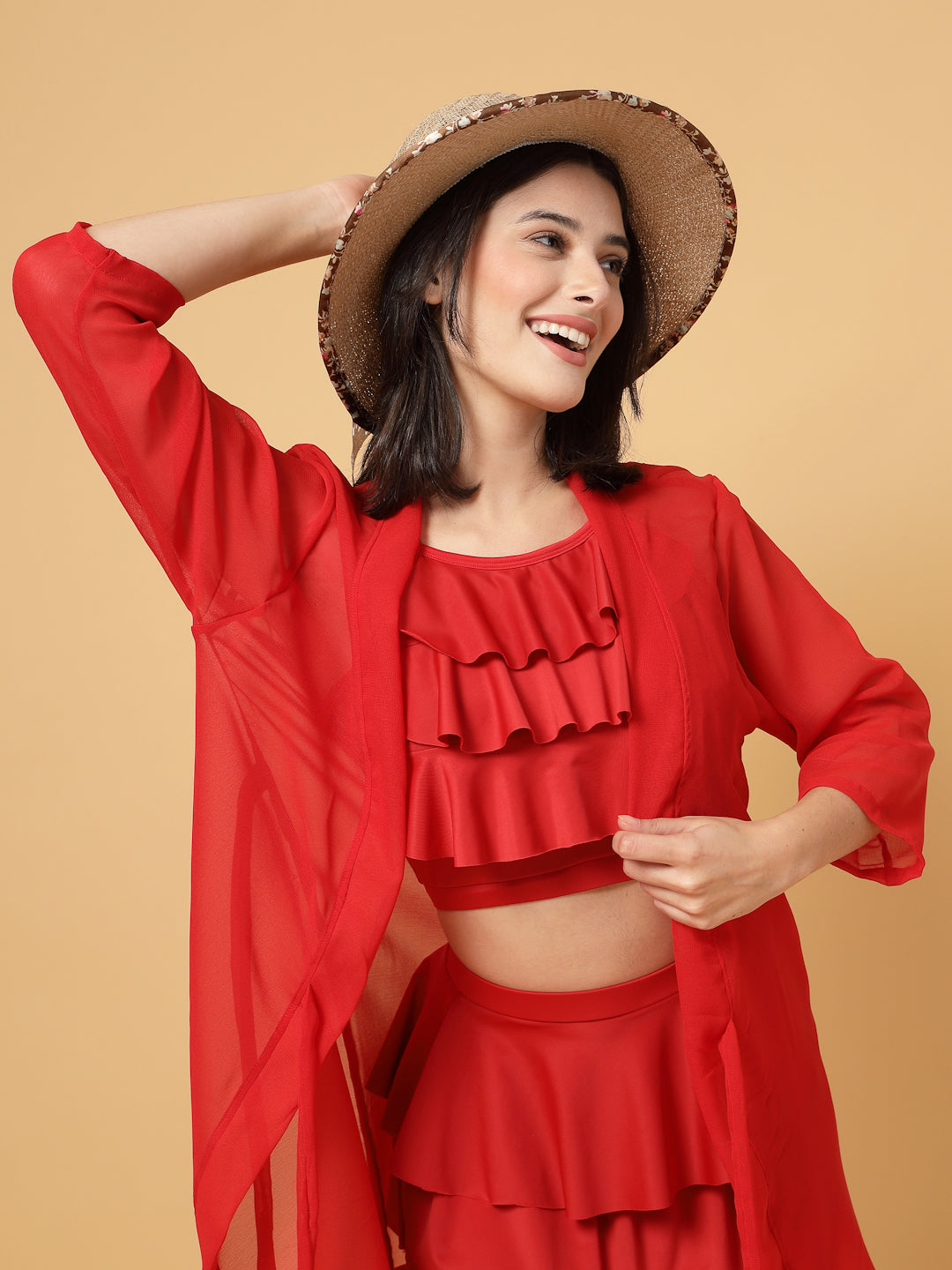 CUKOO Red Sheer Cover-Up (Only Sarong)