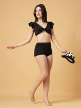 CUKOO Padded Black Ruffle-Shoulder Two-Piece Swimwear