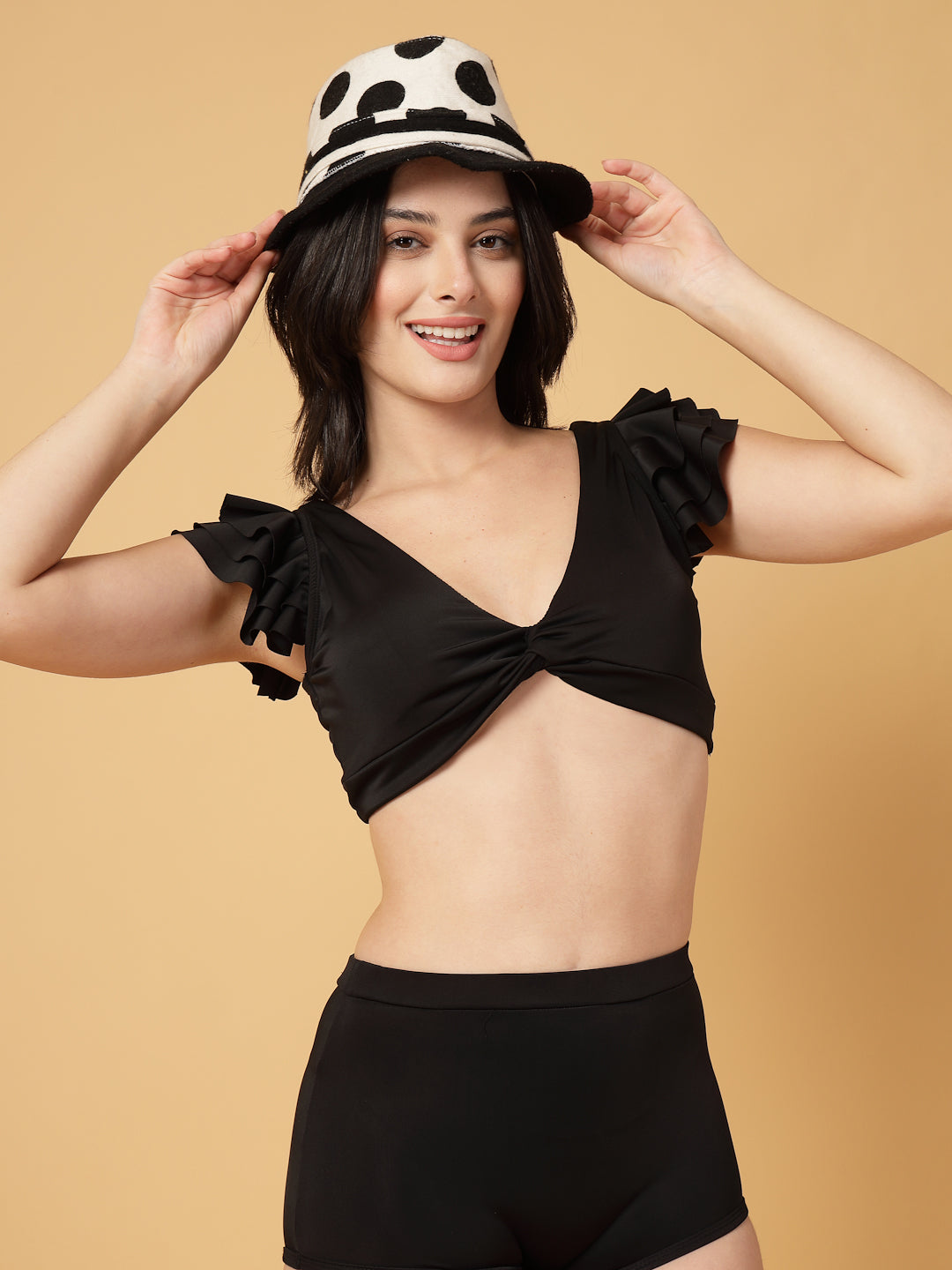 CUKOO Padded Black Ruffle-Shoulder Two-Piece Swimwear