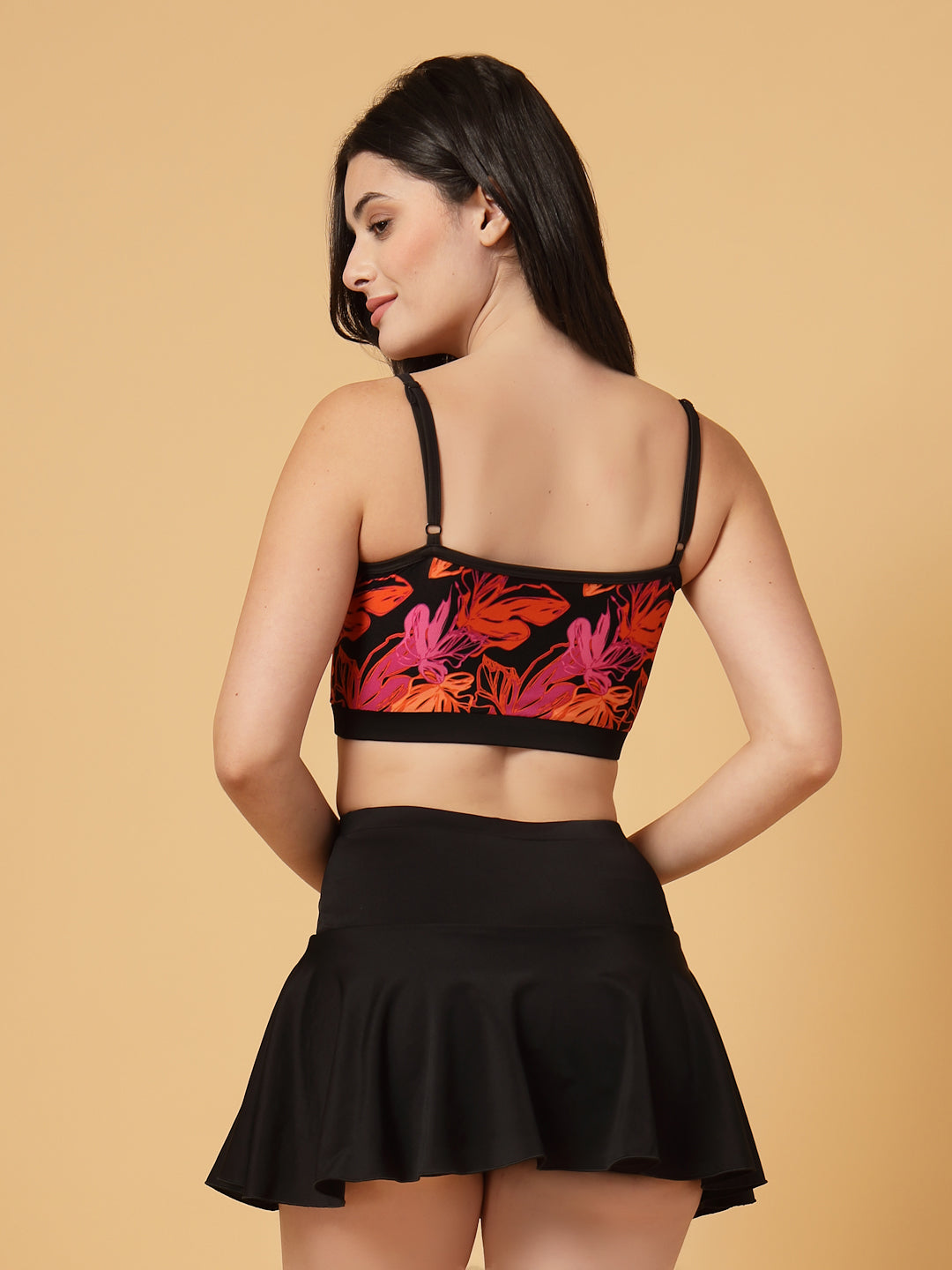 CUKOO Padded Red Floral Printed Two piece Skirtini Swimwear