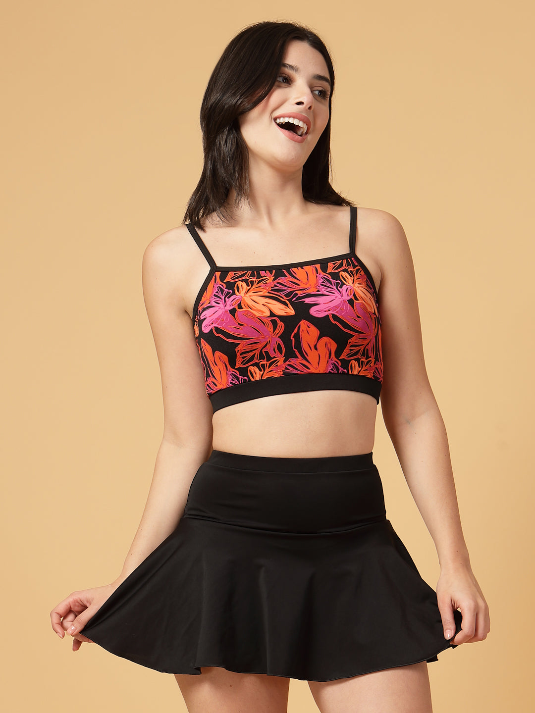 CUKOO Padded Red Floral Printed Two piece Skirtini Swimwear