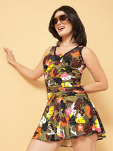 CUKOO Padded Dark Green Floral printed Skirted Swimwear