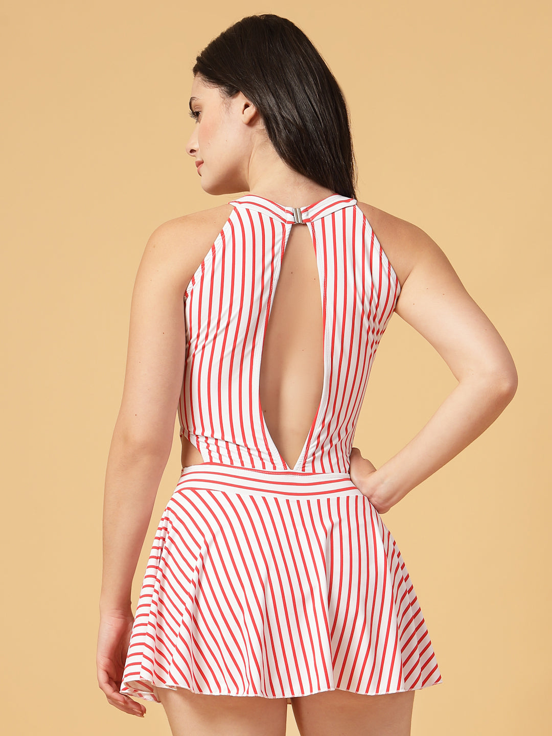 CUKOO Padded Retro Red Striped Skirted Swimwear
