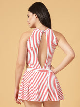 CUKOO Padded Retro Red Striped Skirted Swimwear