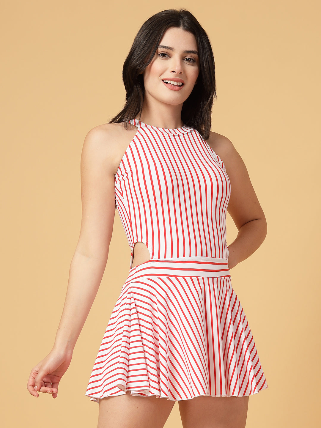 CUKOO Padded Retro Red Striped Skirted Swimwear