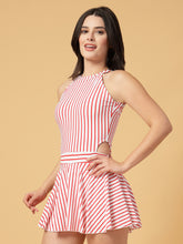 CUKOO Padded Retro Red Striped Skirted Swimwear