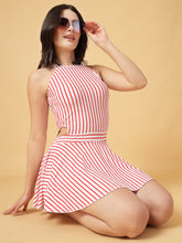 CUKOO Padded Retro Red Striped Skirted Swimwear