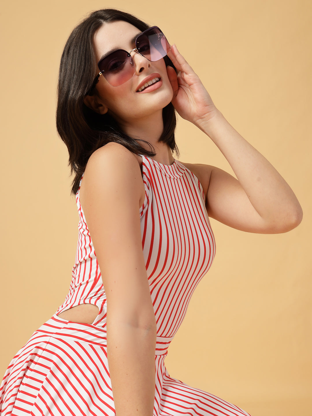 CUKOO Padded Retro Red Striped Skirted Swimwear