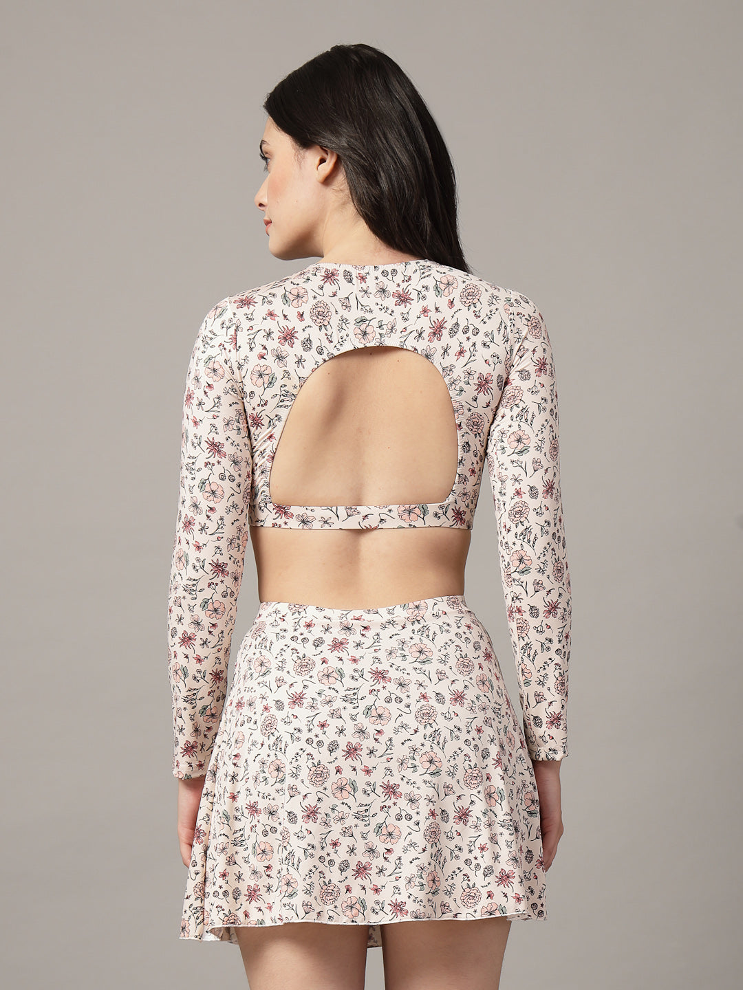 CUKOO Padded White Floral Full Sleeve Skirtini Swimwear