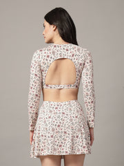 CUKOO Padded White Floral Full Sleeve Skirtini Swimwear