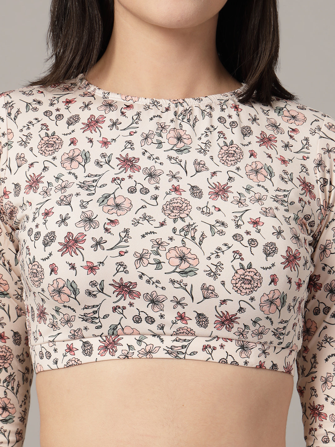 CUKOO Padded White Floral Full Sleeve Skirtini Swimwear