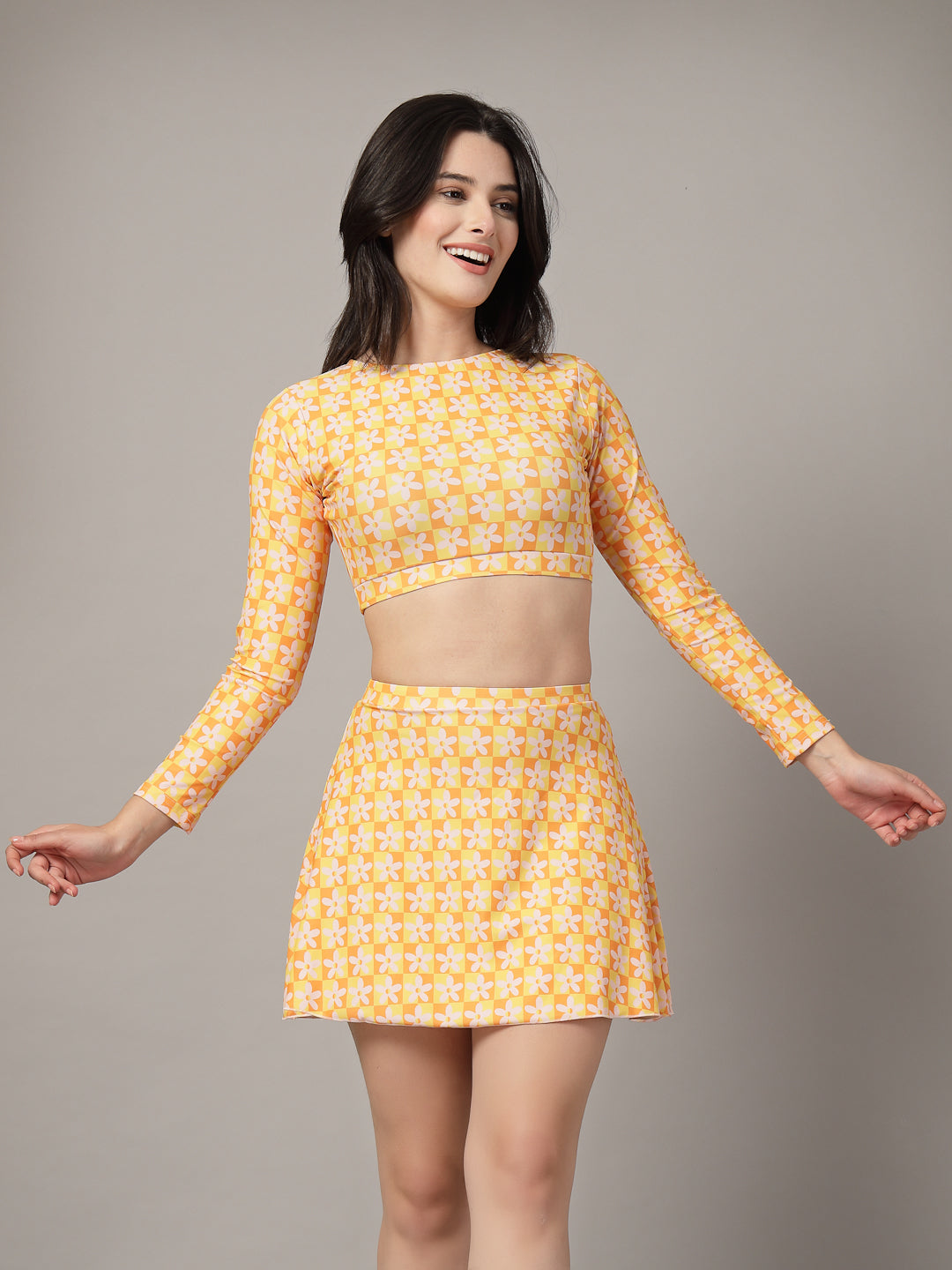 CUKOO Padded Yellow Floral Full Sleeve Skirtini Swimwear