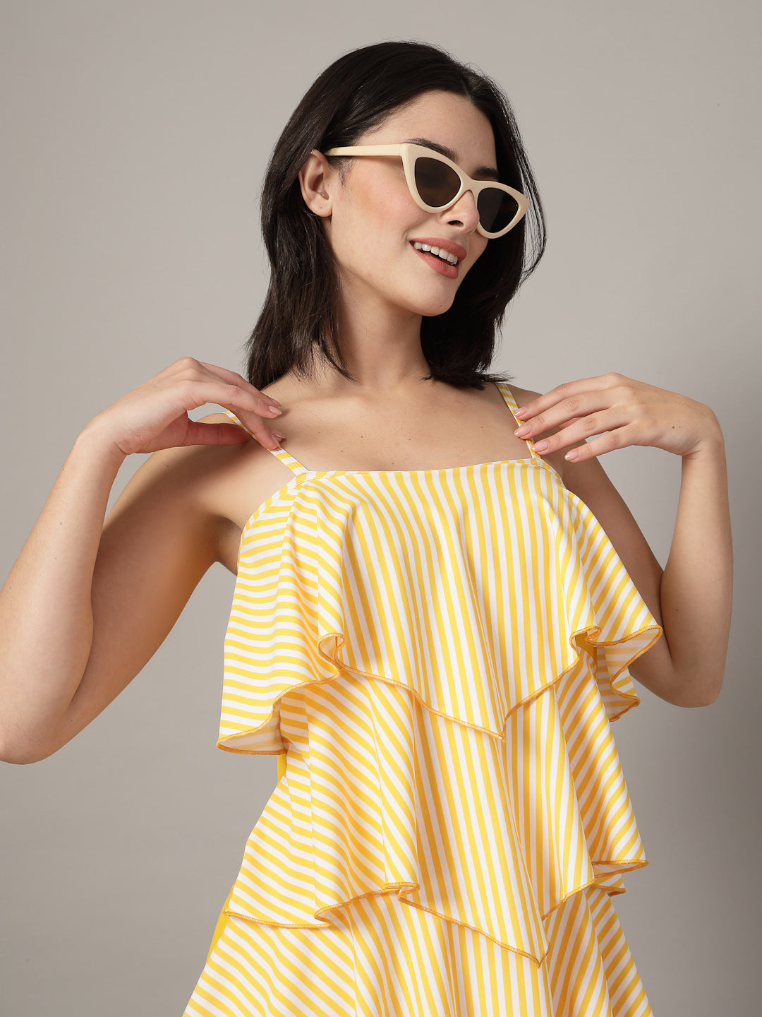 CUKOO Padded Yellow Striped Swimwear