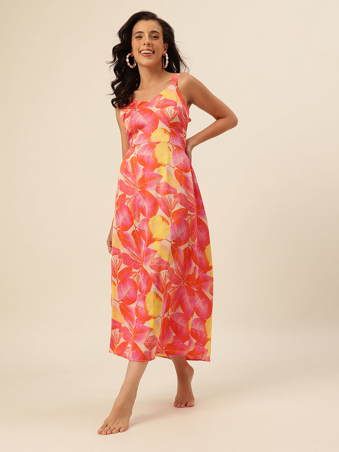 CUKOO Pink Orange Tropical Print Resort Wear Beach Wear Dress for Women