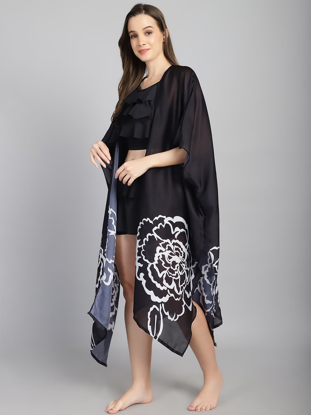 Black and White Floral Long Slit cover up (Only Sarong)