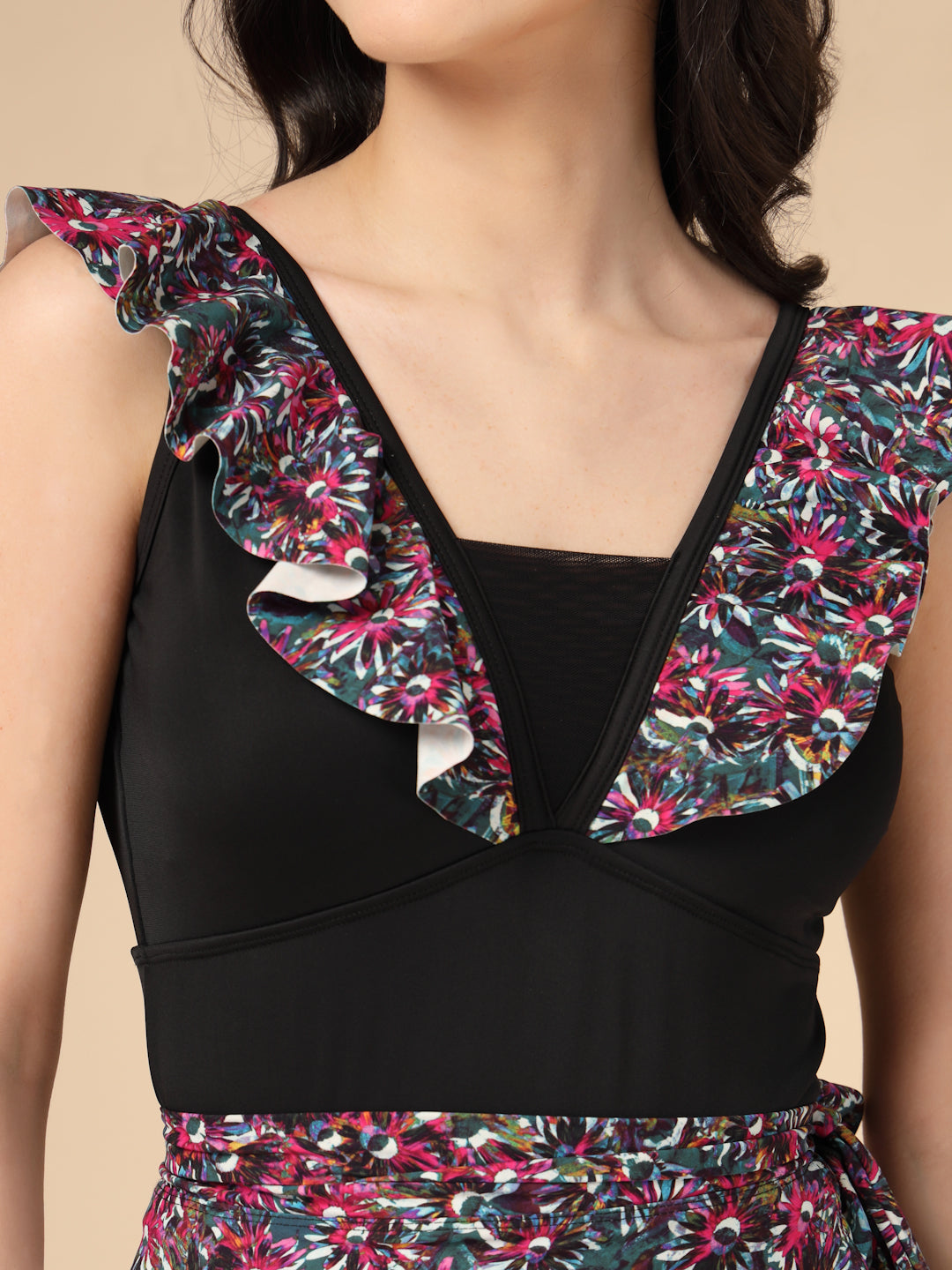 Black Floral Ruffle Two-Piece Padded Swimwear