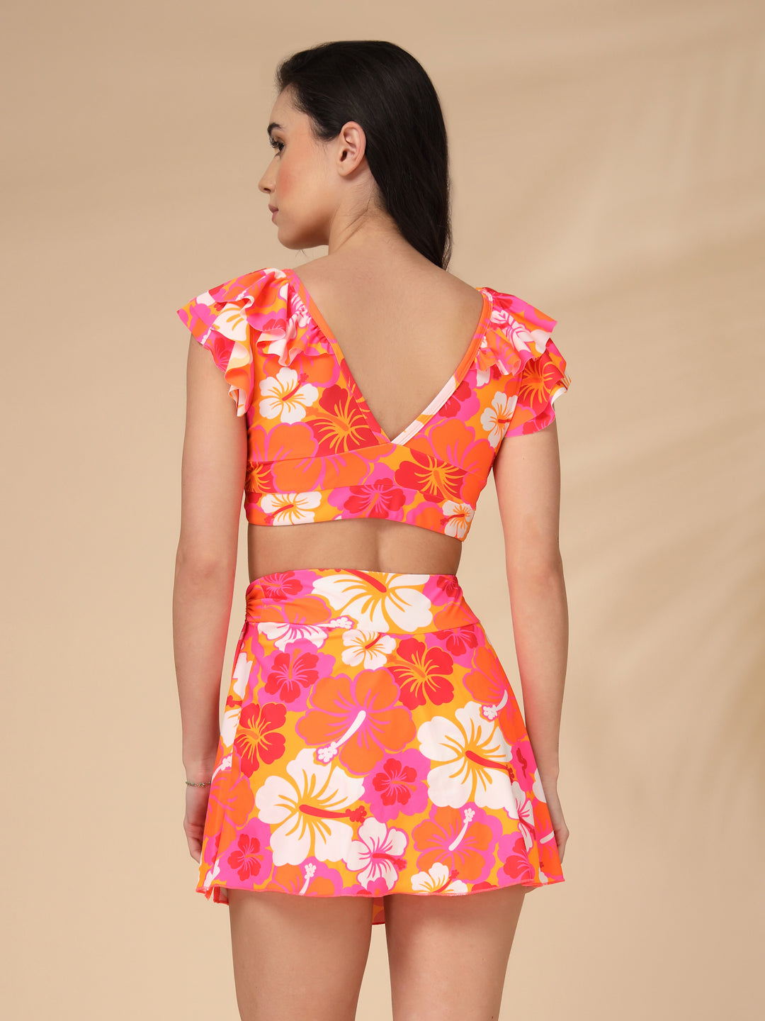 Orange Hibiscus Floral Ruffle Two-Piece Padded Skirted Swimwear