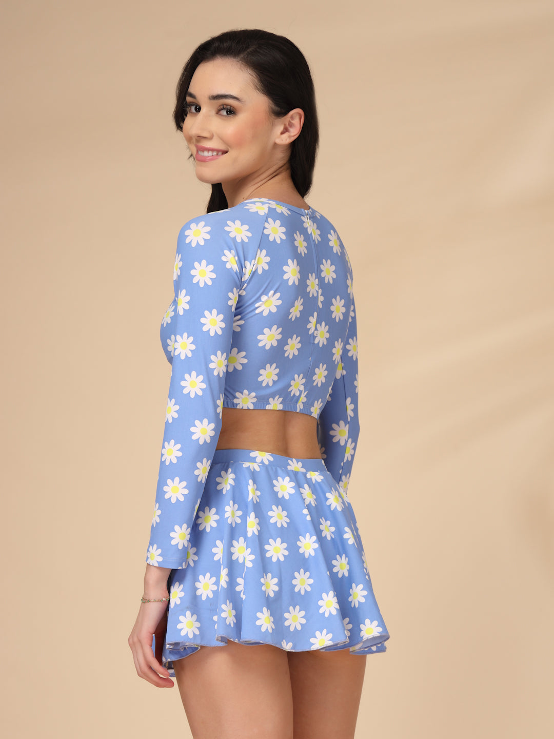 Blue Daisy Long-Sleeve Two-Piece Padded Skirted Swimwear