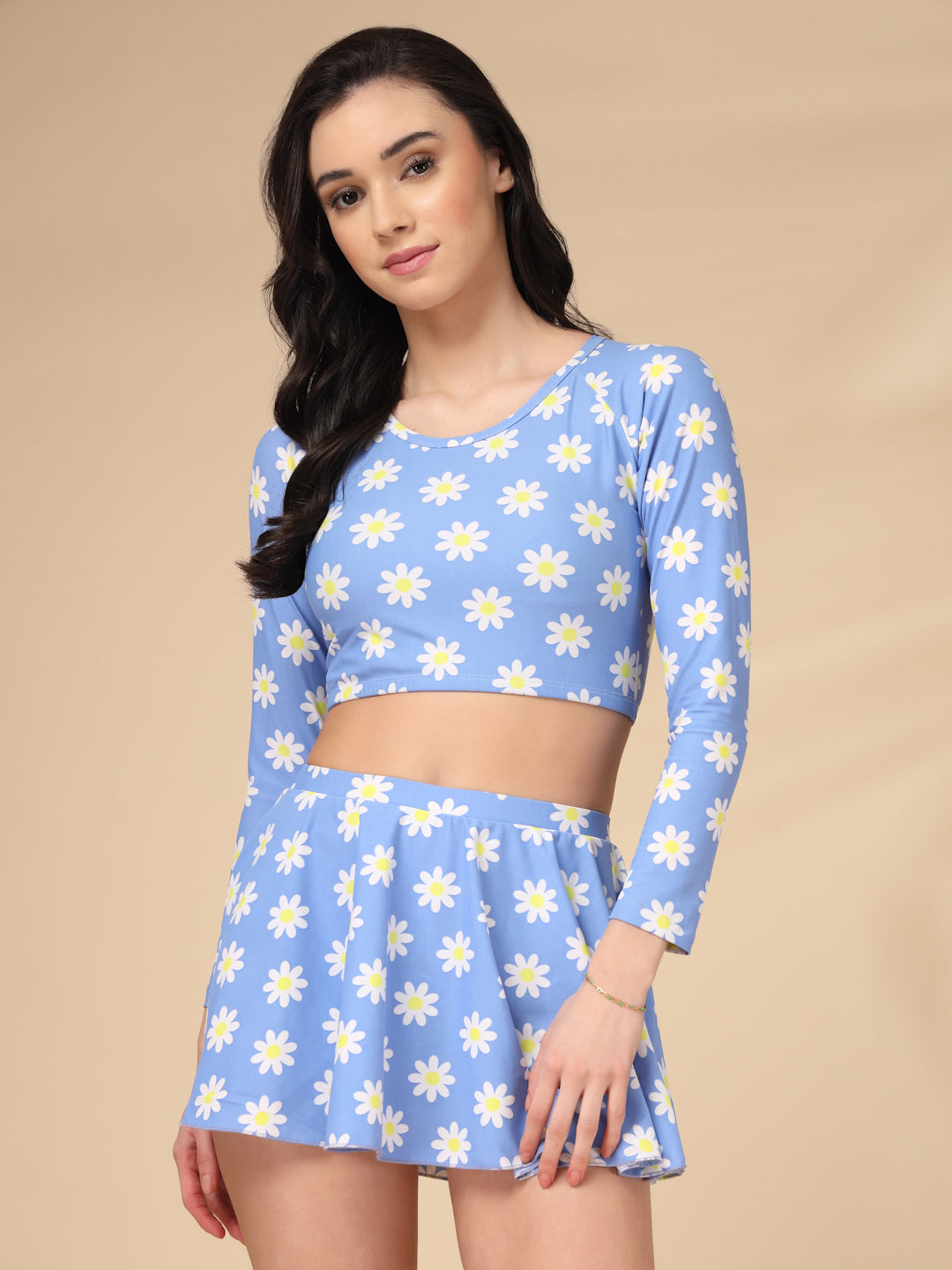 Blue Daisy Long-Sleeve Two-Piece Padded Skirted Swimwear