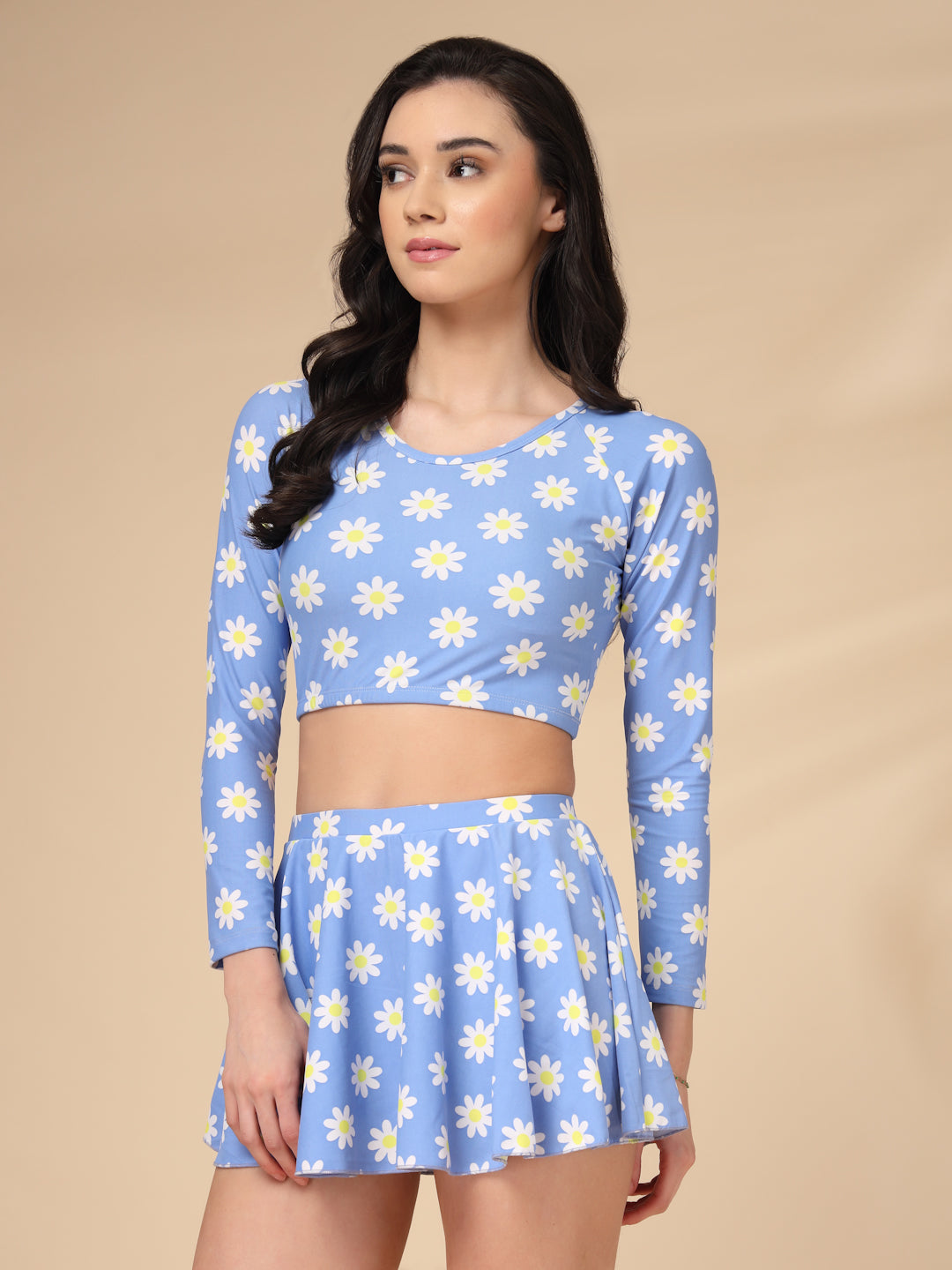 Blue Daisy Long-Sleeve Two-Piece Padded Skirted Swimwear