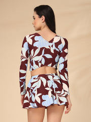 Maroon Tropical Leaf Long-Sleeve Two-Piece Padded Skirted Swimwear