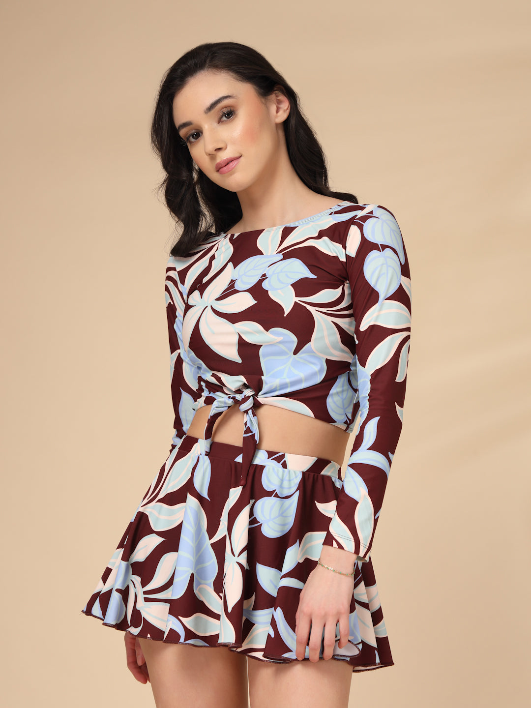 Maroon Tropical Leaf Long-Sleeve Two-Piece Padded Skirted Swimwear