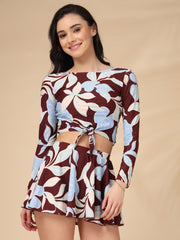 Maroon Tropical Leaf Long-Sleeve Two-Piece Padded Skirted Swimwear