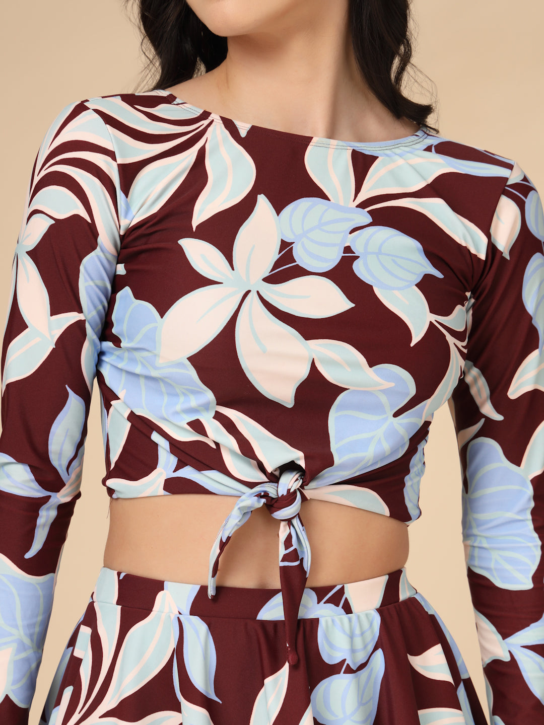 Maroon Tropical Leaf Long-Sleeve Two-Piece Padded Skirted Swimwear