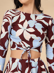 Maroon Tropical Leaf Long-Sleeve Two-Piece Padded Skirted Swimwear