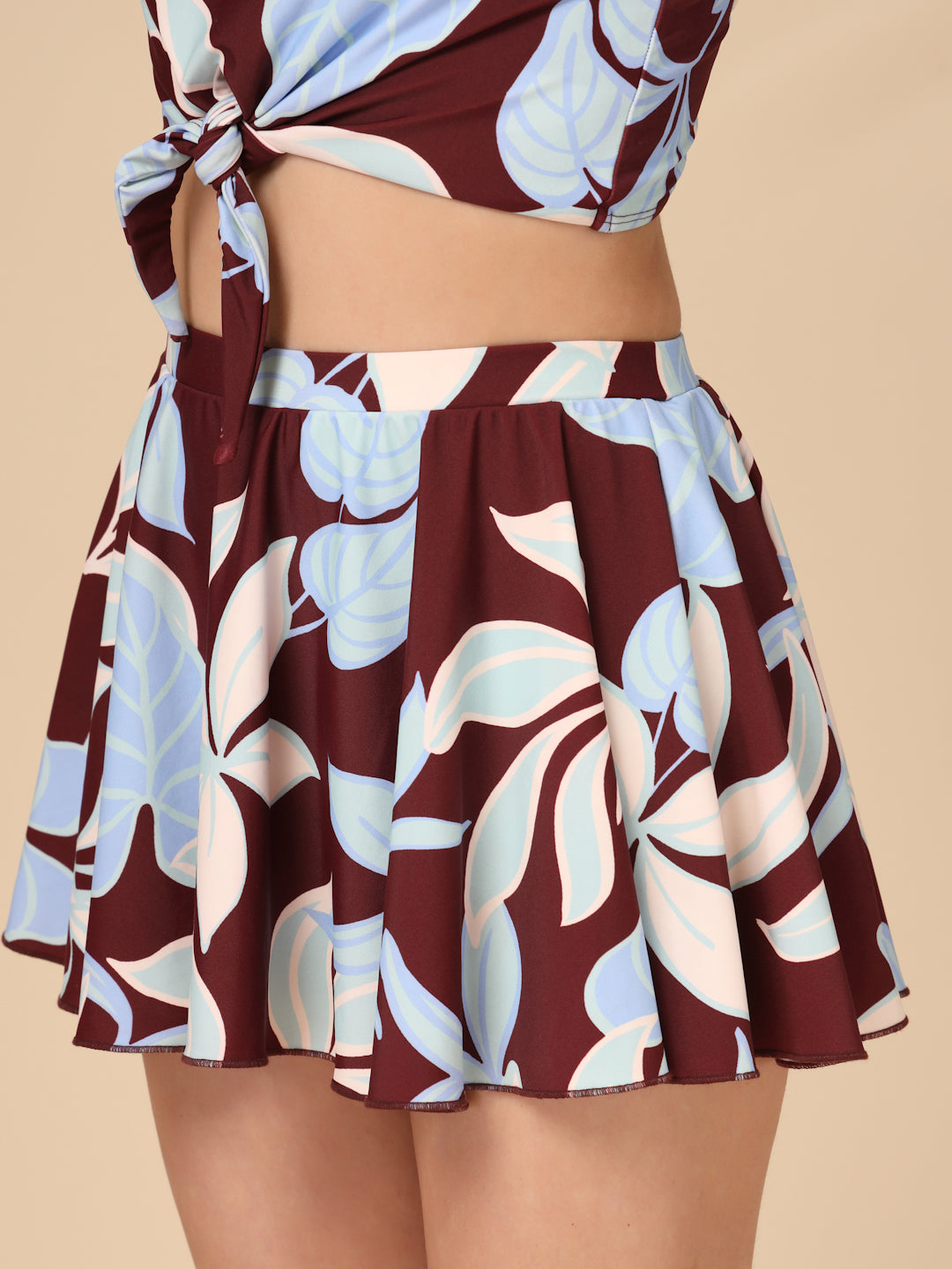 Maroon Tropical Leaf Long-Sleeve Two-Piece Padded Skirted Swimwear