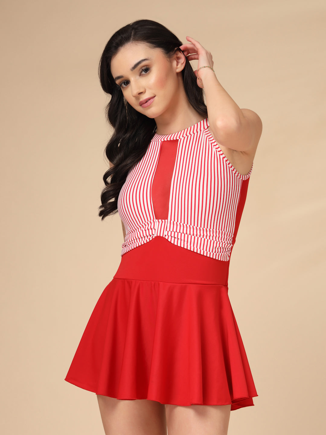 Red & White Striped Halter Neck One-Piece Padded Skirted Swimwear