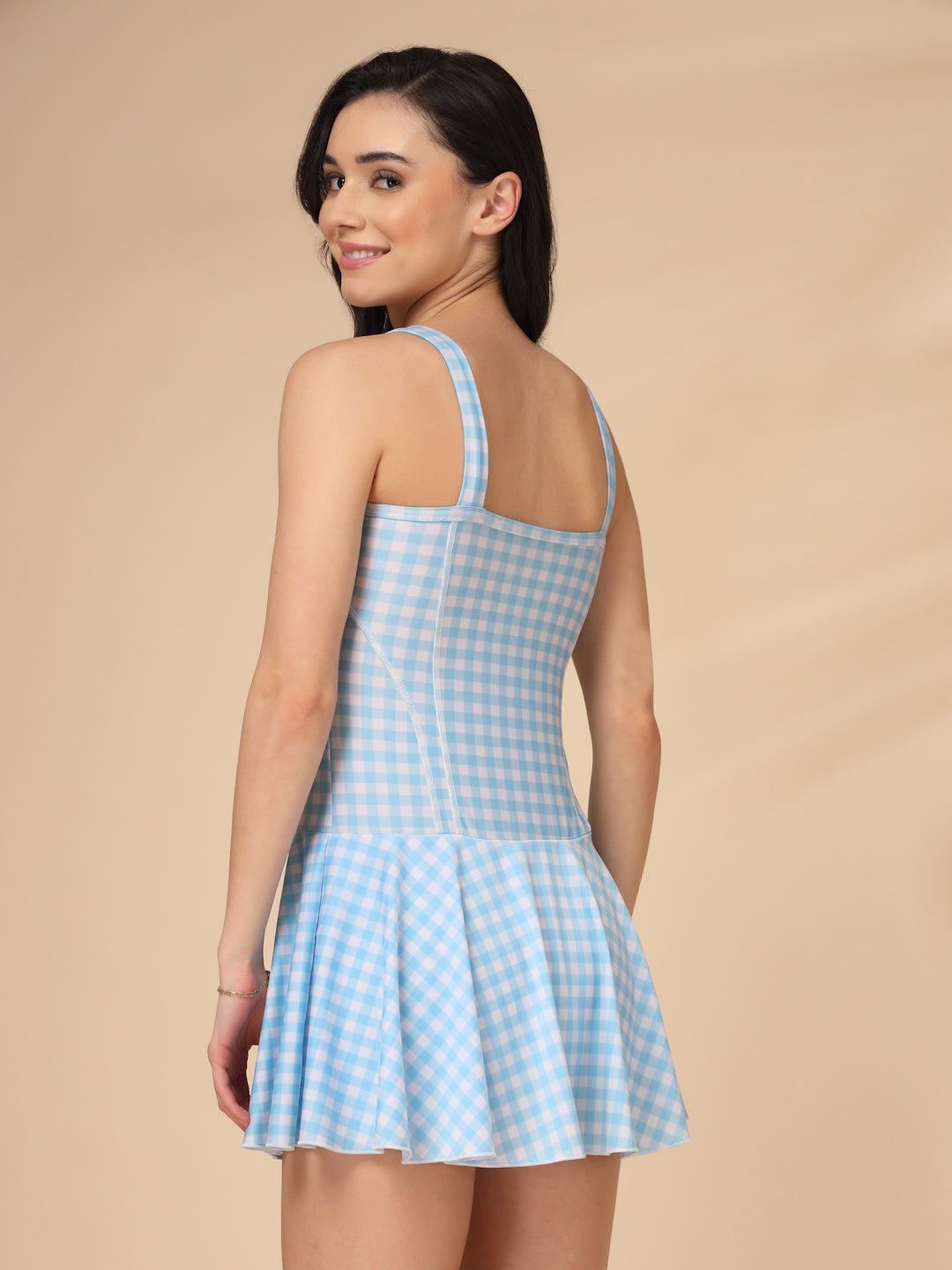 Blue Gingham Lace-Up One-Piece Padded Skirted Swimwear with Attached Shorts - CUKOO