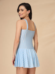 Blue Gingham Lace-Up One-Piece Padded Skirted Swimwear with Attached Shorts - CUKOO