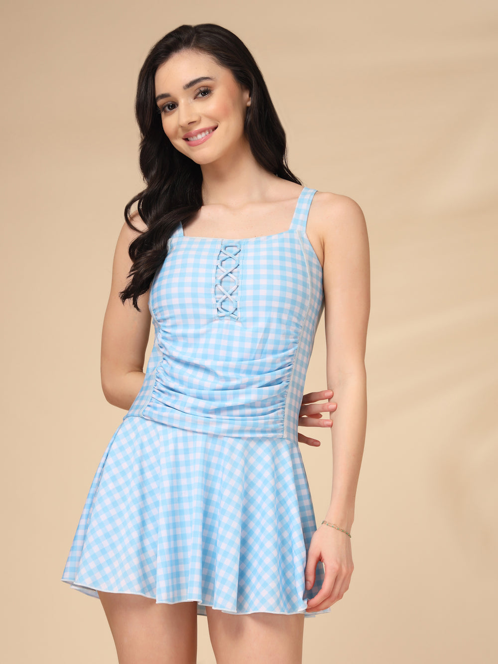 Blue Gingham Lace-Up One-Piece Padded Skirted Swimwear with Attached Shorts - CUKOO