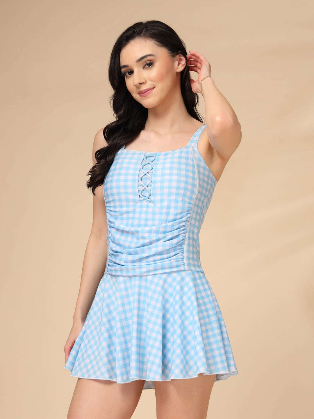 Blue Gingham Lace-Up One-Piece Padded Skirted Swimwear with Attached Shorts - CUKOO