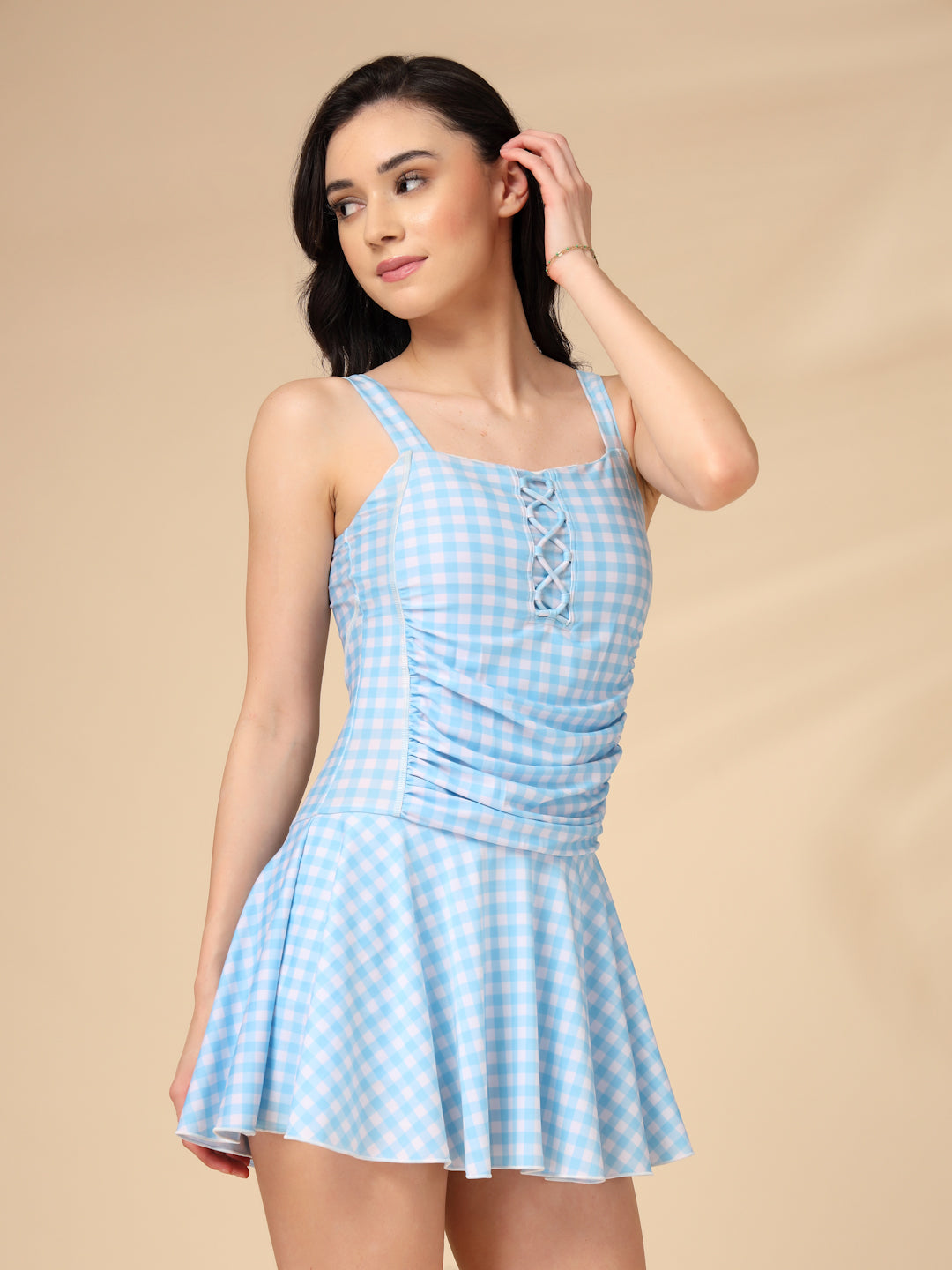 Blue Gingham Lace-Up One-Piece Padded Skirted Swimwear with Attached Shorts - CUKOO